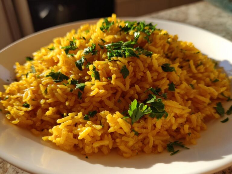 A close-up of fluffy, bright yellow turmeric rice piled high on a white plate and topped with fresh chopped parsley.
