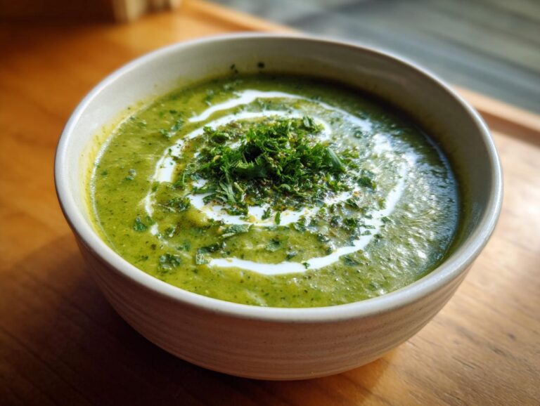 A close-up of vibrant green zucchini soup garnished with a swirl of cream and fresh herbs.