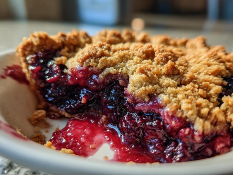 A close-up shot showing a rich, juicy interior of a warm berry cobbler with a golden, crumbly topping.