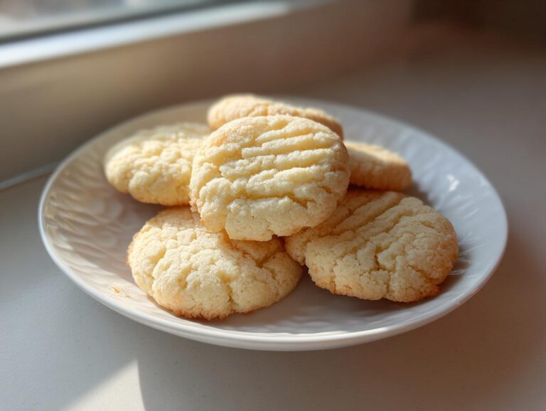 A stack of freshly baked 3-ingredient butter cookies with fork marks on a white plate near a window.