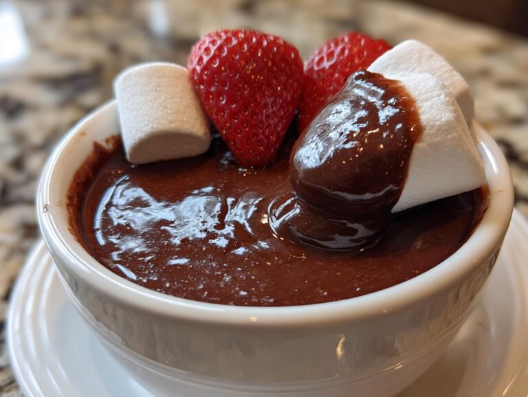 Close-up of rich chocolate fondue topped with fresh strawberries and marshmallows.