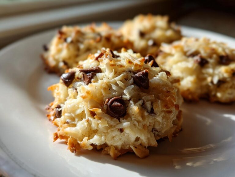 Close-up of golden-brown almond joy cookies topped with toasted coconut flakes and chocolate chips on a white plate.