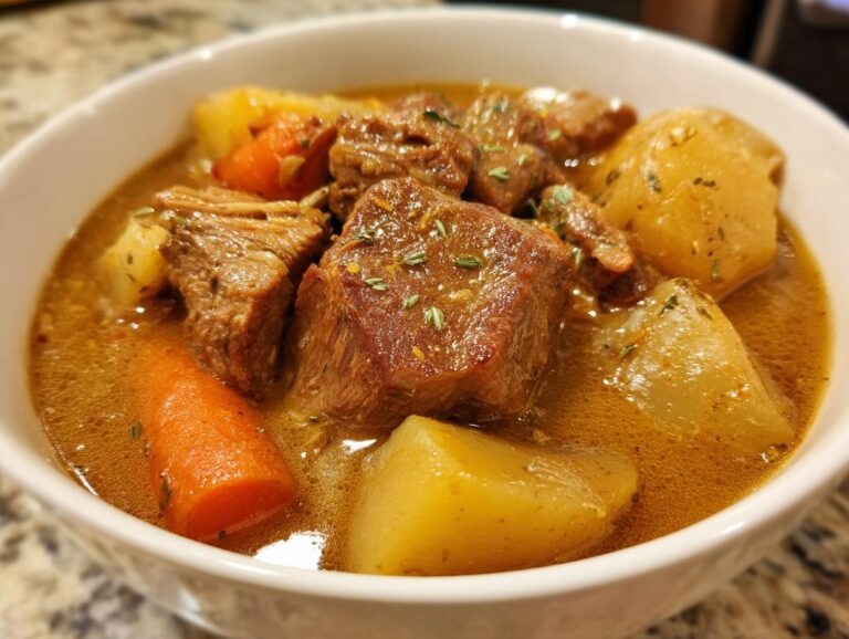 Close-up of tender chunks of pork stew with potatoes and carrots in a rich brown broth.