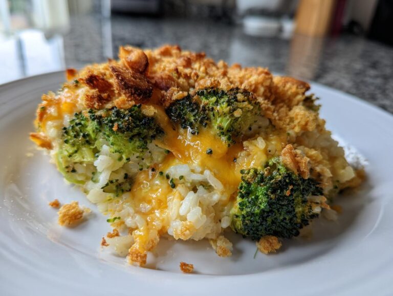 A close-up of a serving of amazing broccoli rice casserole, featuring melted cheese and a golden, crunchy topping.