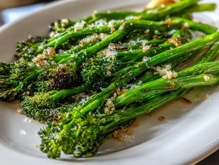 Close-up of bright green broccolini stalks roasted and topped with grated Parmesan cheese and garlic.