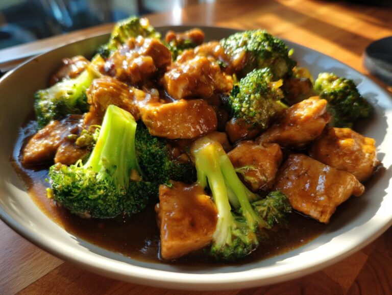 Close-up of a bowl filled with glossy, saucy chicken and broccoli, highlighting the vibrant green florets.
