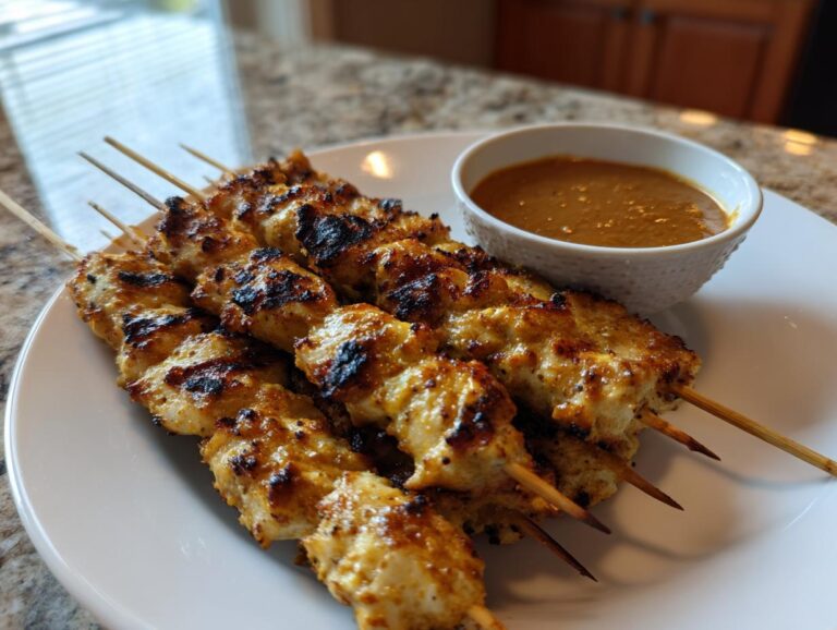 Close-up of perfectly grilled chicken satay skewers served on a white plate next to a small bowl of peanut dipping sauce.