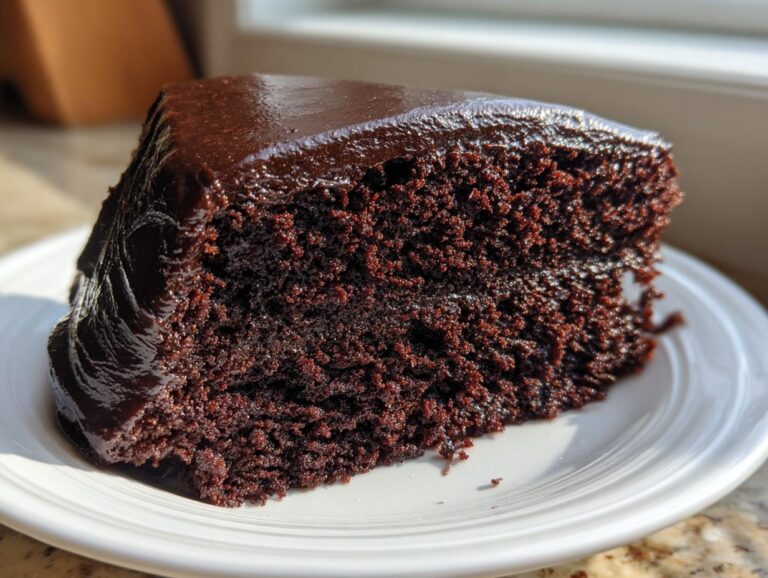 A close-up of a moist slice of chocolate fudge cake topped with thick, glossy dark chocolate frosting.