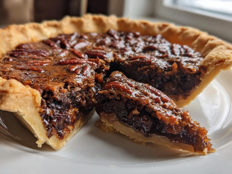 Close-up of a slice of rich, gooey chocolate pecan pie next to the main pie on a white plate.