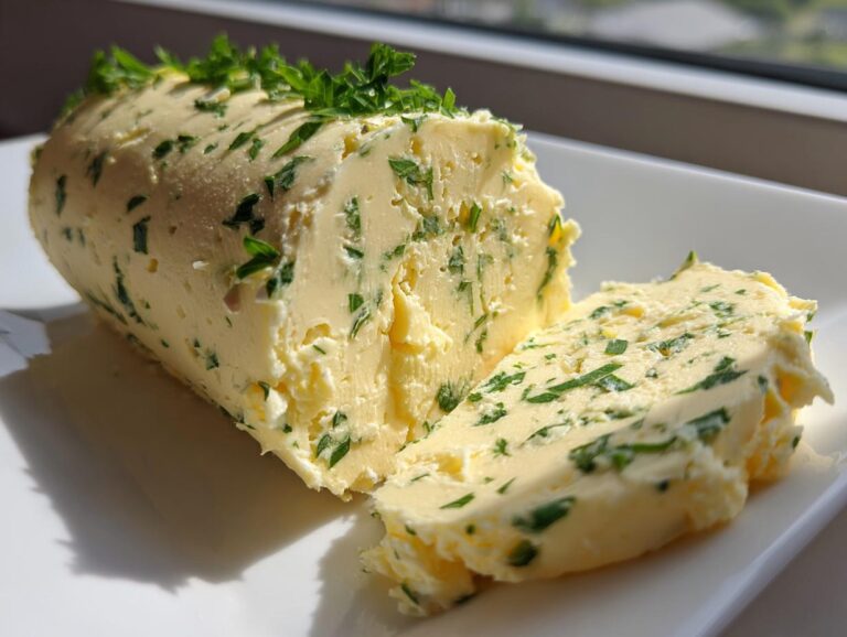 A log of homemade garlic butter mixed with green herbs, partially sliced on a white plate.
