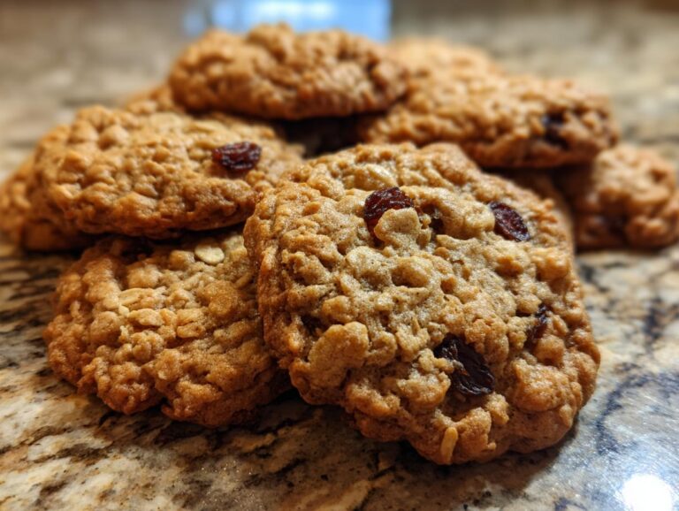 A close-up, shallow depth-of-field photo of several golden brown oatmeal raisin cookies stacked on a granite countertop.