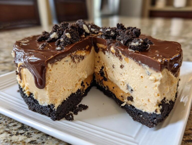 A slice removed from a rich peanut butter pie showing the creamy filling, chocolate crust, and ganache topping.
