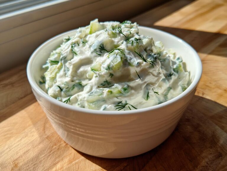 A close-up of a creamy, chunky pickle dip topped with fresh dill, ready to serve.