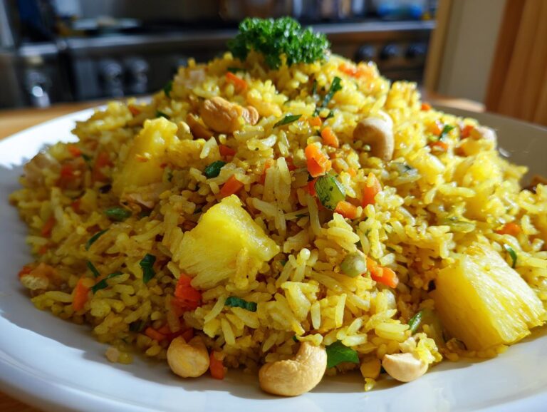 A close-up of a mound of vibrant yellow pineapple fried rice, featuring chunks of pineapple and cashews.