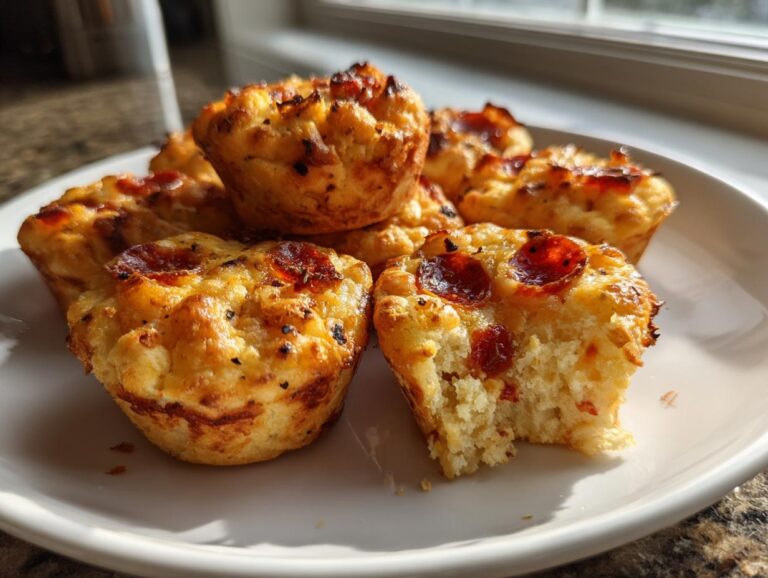 A close-up of several golden brown pizza bites, one with a bite taken out, showing the fluffy interior and pepperoni topping.