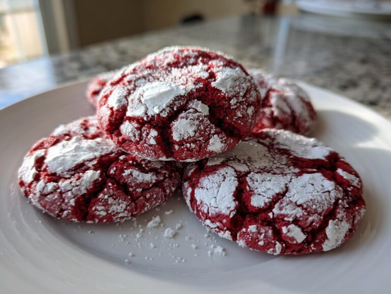 A stack of four vibrant red velvet cookies dusted heavily with white powdered sugar, resting on a white plate.