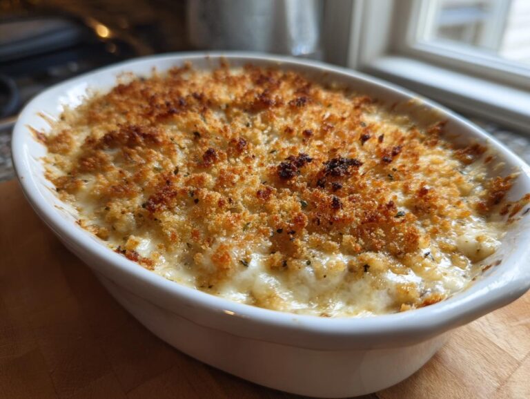 A close-up of hot, bubbly stuffed mushroom dip topped with golden brown breadcrumbs in a white oval baking dish.