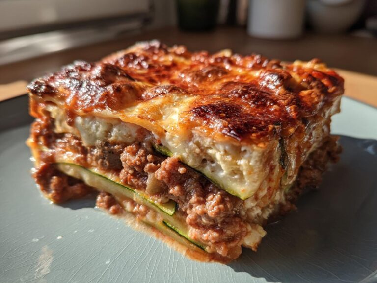 A thick, square slice of zucchini lasagna showing layers of meat sauce, ricotta, and zucchini noodles, with a deeply browned, cheesy top.