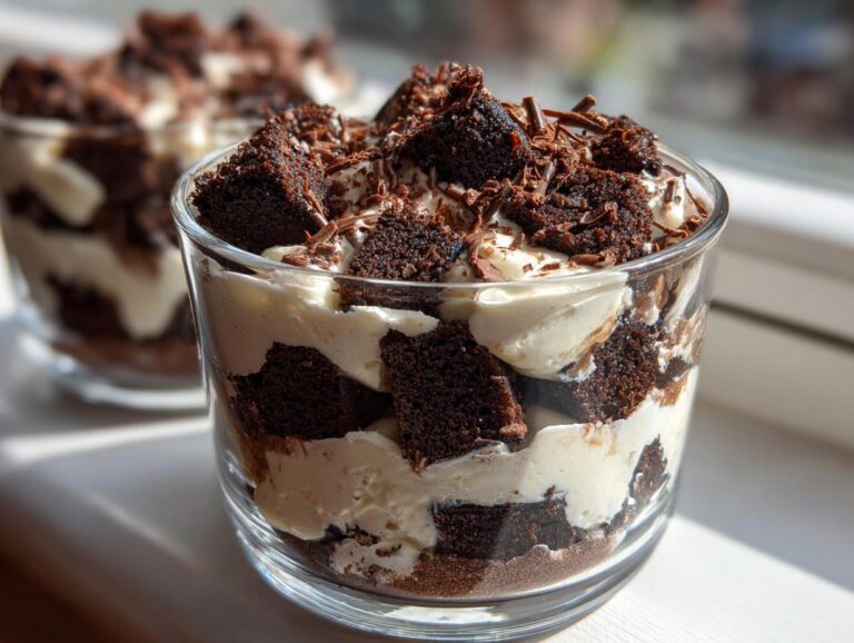 Close-up of a Baileys Chocolate Cheesecake Trifle layered with dark chocolate cake and cream filling.
