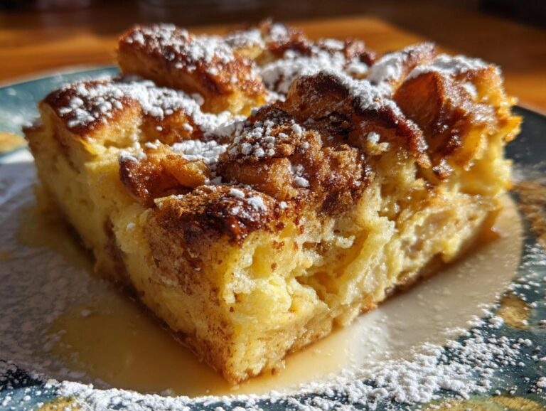 A close-up of a golden brown slice of baked french toast, dusted heavily with powdered sugar and sitting in syrup.