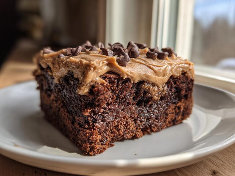Close-up of a rich, dark chocolate banana bread brownies square topped with peanut butter frosting and chocolate chips.