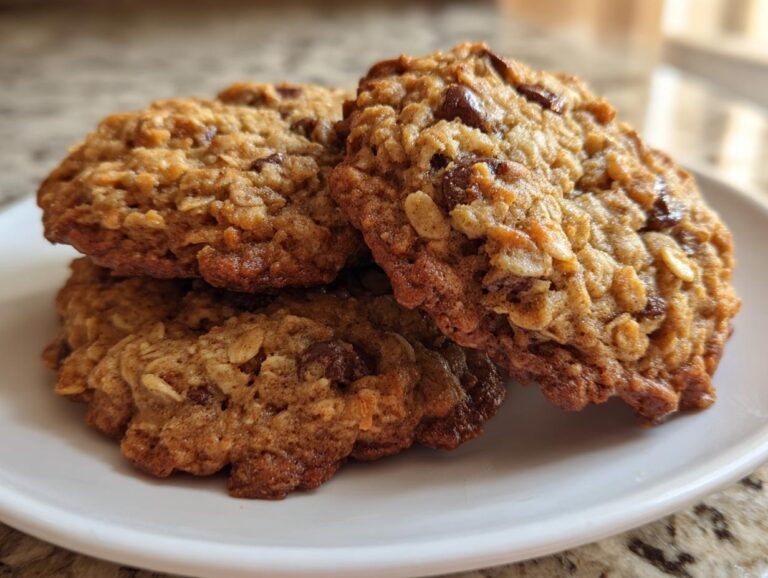 A stack of three golden brown banana oatmeal cookies featuring visible oats and chocolate chips, resting on a white plate.