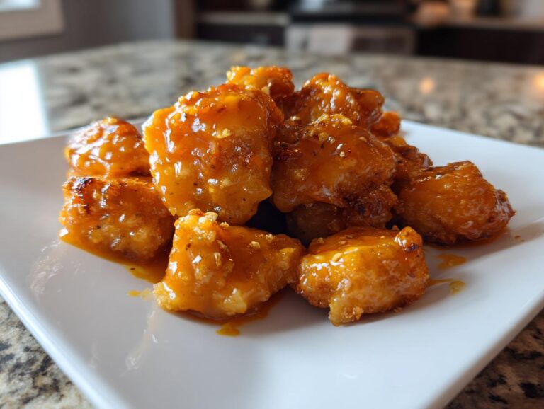Close-up of crispy, bite-sized pieces of Bang Bang Salmon coated in a glossy, orange sauce.