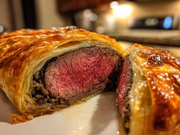 Close-up of a perfectly cooked beef wellington recipe slice showing medium-rare beef surrounded by duxelles and golden puff pastry.