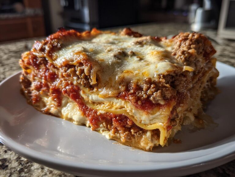 A thick, cheesy slice of homemade lasagna featuring layers of pasta, meat sauce, and ricotta, topped with melted mozzarella.