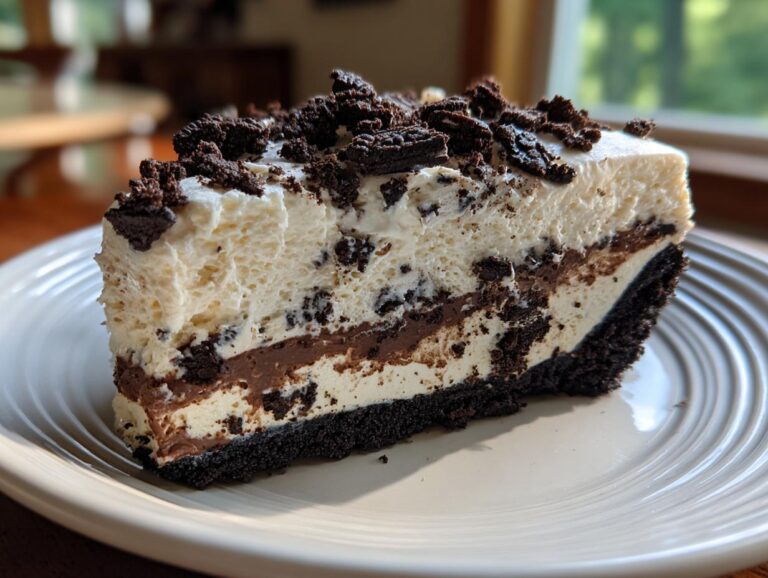 Close-up of a rich slice of oreo pie showing layers of dark crust, chocolate, and white cream filling topped with cookie crumbles.