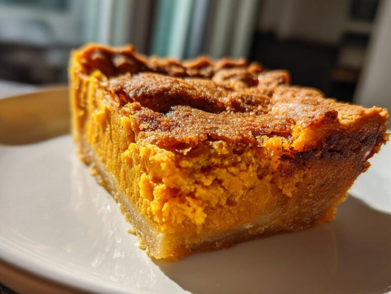 Close-up of a thick slice of moist sweet potato cobbler with a golden-brown top crust.