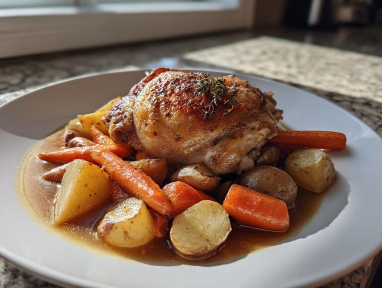 A single serving of braised chicken thighs with carrots and potatoes in rich brown sauce.