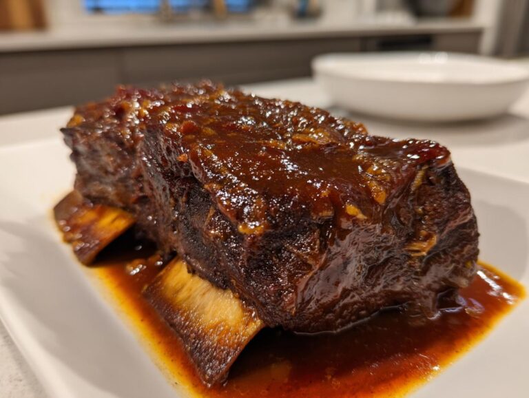 Close-up of two tender braised short ribs covered in a rich, glossy brown sauce, resting in a pool of jus.