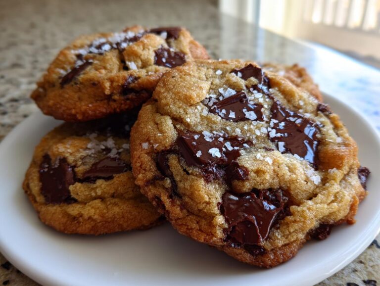 Close-up of three chewy brown butter chocolate chip cookies topped with flaky sea salt.