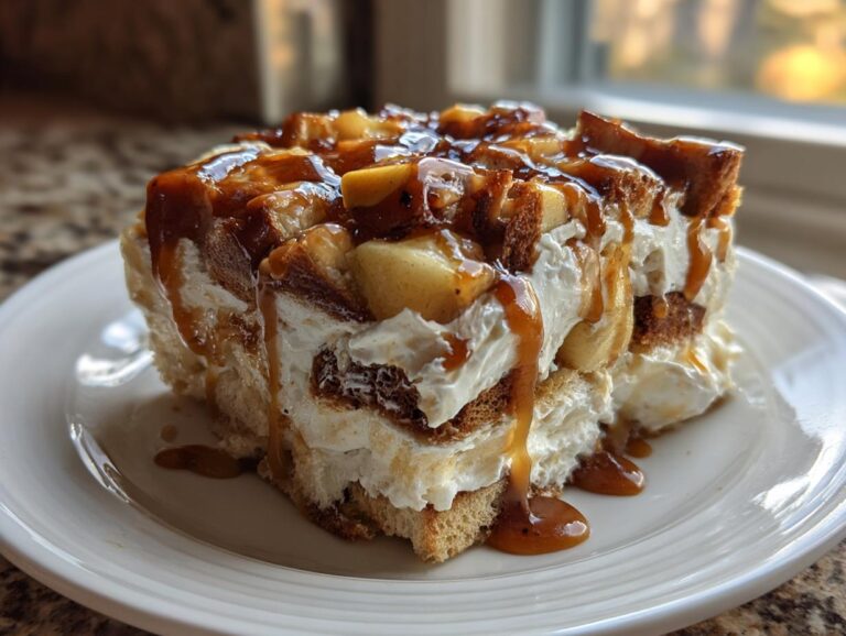 A generous slice of caramel apple trifle layered with cream and topped with rich caramel sauce.
