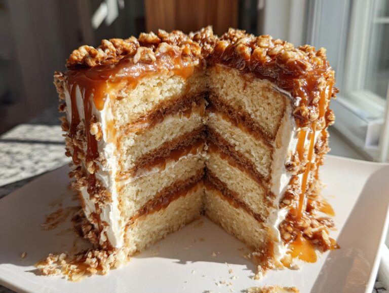A slice removed from a multi-layered caramel crunch cake showing layers of cake, cream, and caramel filling, topped with nuts.