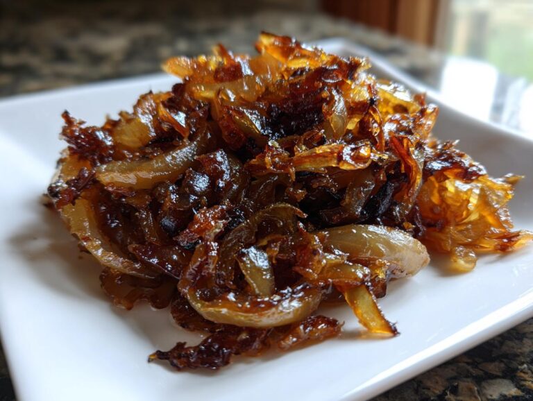 A close-up of deeply browned and glossy caramelized onions piled high on a white square plate.