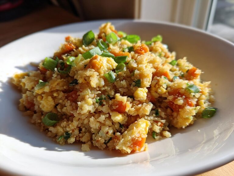 A close-up of a serving of amazing cauliflower fried rice with scrambled egg and green onions.