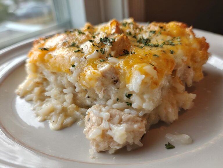 A close-up serving of creamy chicken and rice casserole topped with melted cheddar cheese and parsley.