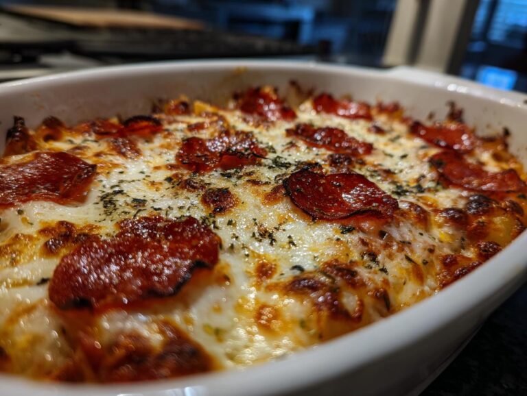 Close-up of a bubbling, cheesy pizza pasta bake topped with crispy pepperoni slices and herbs.