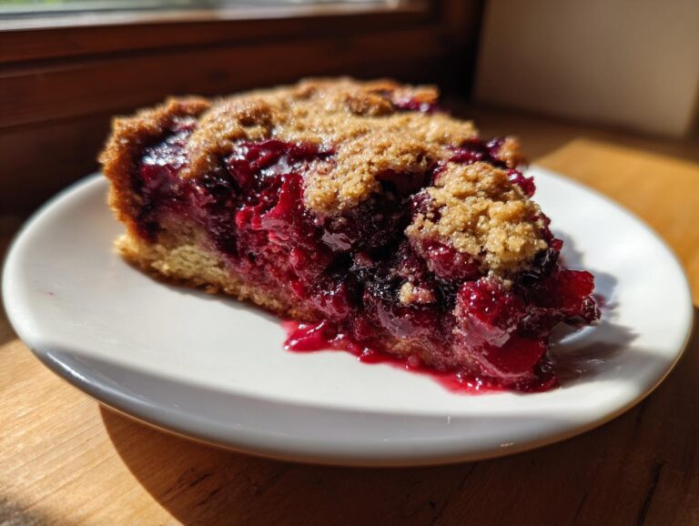 A close-up slice of gooey cherry dump cake with a crumbly topping served on a white plate.