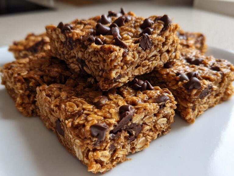 Close-up of a stack of chewy oatmeal bars topped with melted chocolate chips on a white plate.