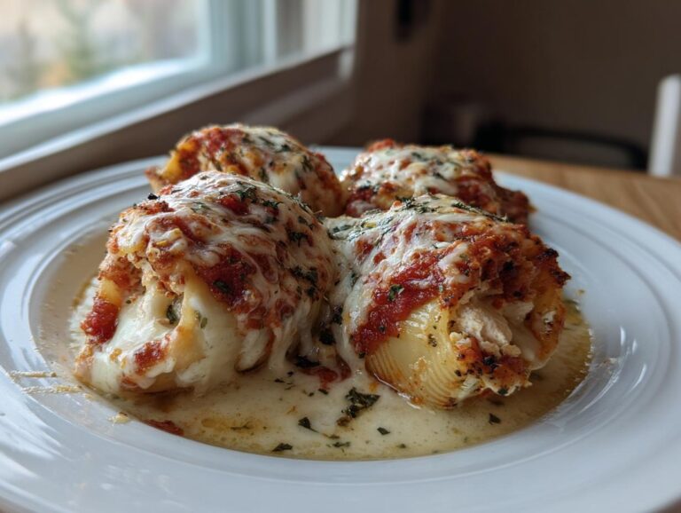Four baked chicken alfredo stuffed shells covered in melted mozzarella, marinara sauce, and herbs on a white plate.