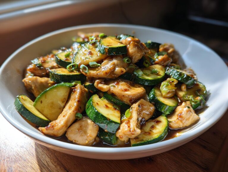 Close-up of a white bowl filled with savory chicken zucchini stir fry, glistening with sauce and topped with green onions.