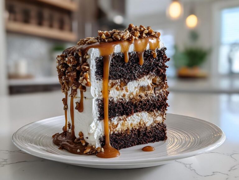 A tall, decadent slice of chocolate caramel toffee crunch cake with dripping caramel sauce and nut topping.