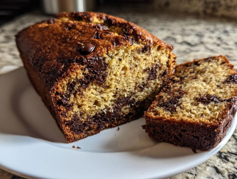 A close-up of a freshly baked chocolate chip banana bread recipe loaf, with one slice cut and resting beside it.