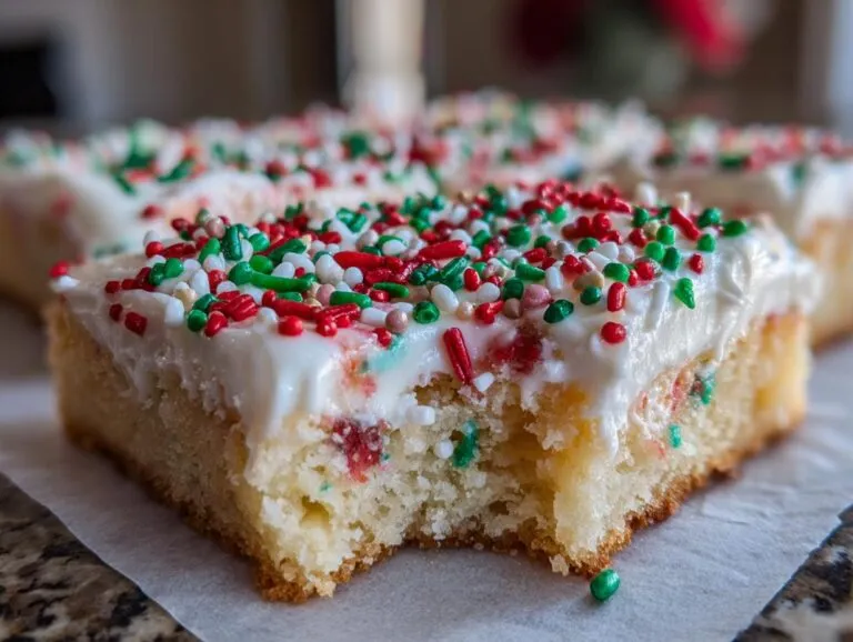A close-up of a square portion of christmas sugar cookie bars topped with thick white frosting and festive red, green, and white sprinkles.