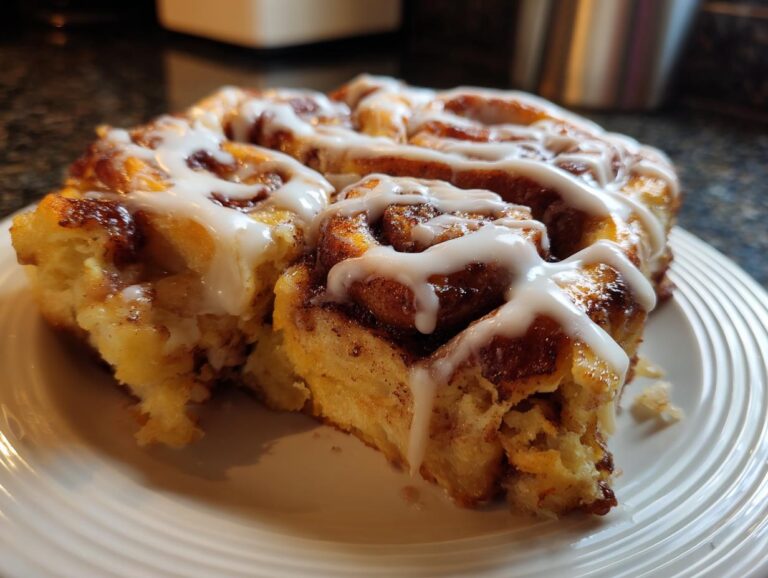 A close-up of a gooey, iced portion of cinnamon roll apple pie on a white plate.