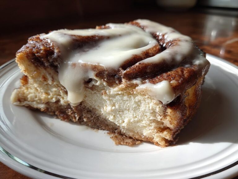 A close-up slice of cinnamon roll cheesecake topped with thick white icing, sitting on a white plate.