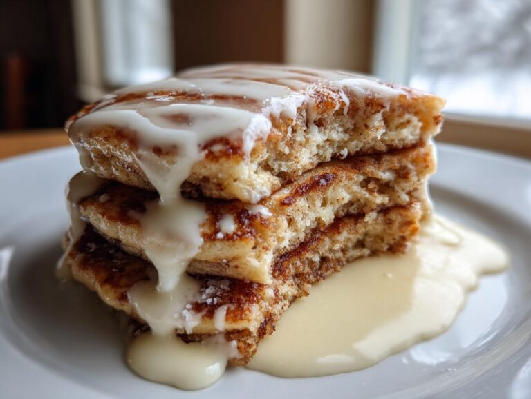 Close-up of a stack of three cinnamon roll pancakes cut in half, dripping with thick cream cheese glaze.